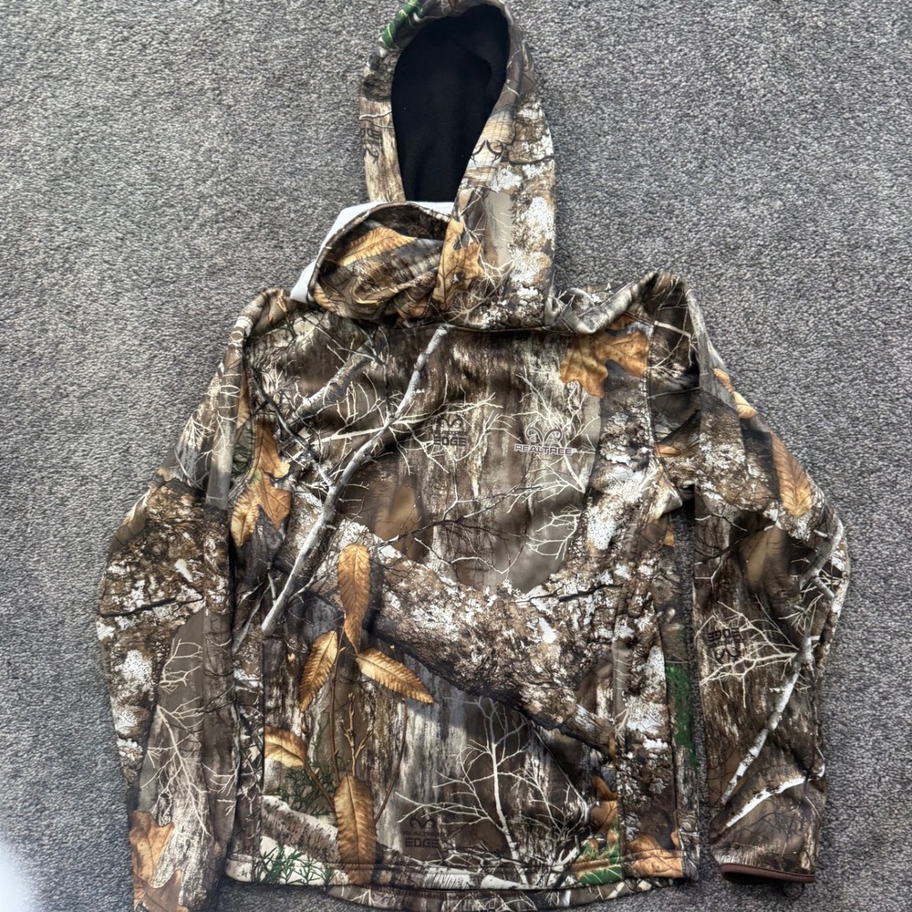 Realtree Edge Camo Hoodie Kids Large 10-12 Built-in Neck Gaiter Brown Green